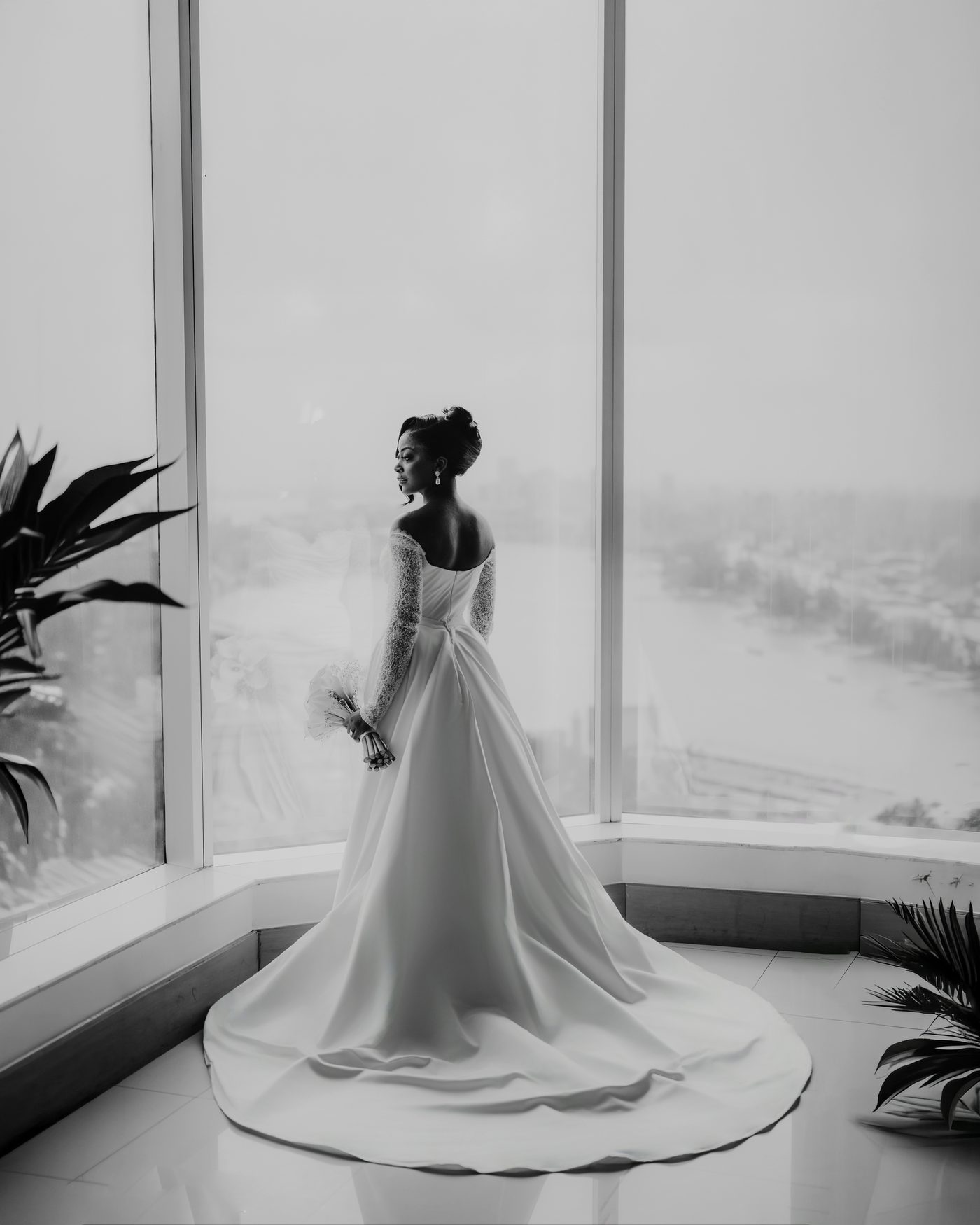 Black-and-white bridal portrait